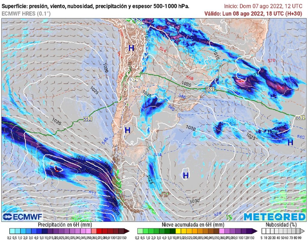 precipitaciones y presión previstas; modelo ECMWF precipitaciones y presión previstas; modelo ECMWF