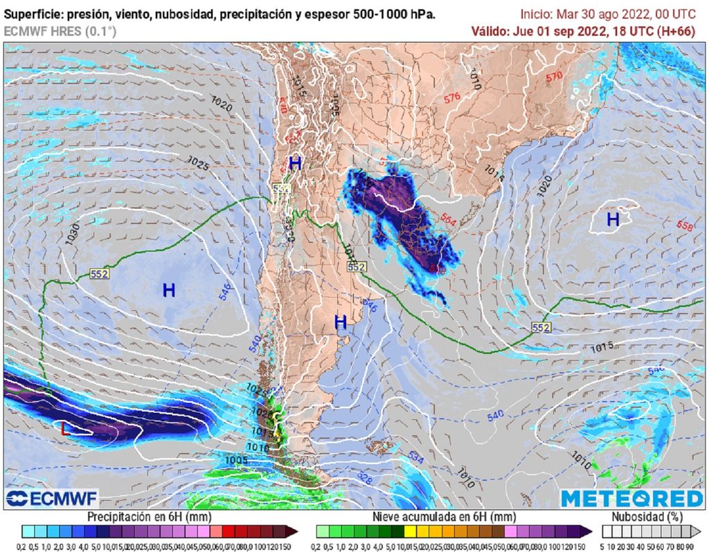 presión y precipitaciones previstas; modelo ECMWF presión y precipitaciones previstas; modelo ECMWF