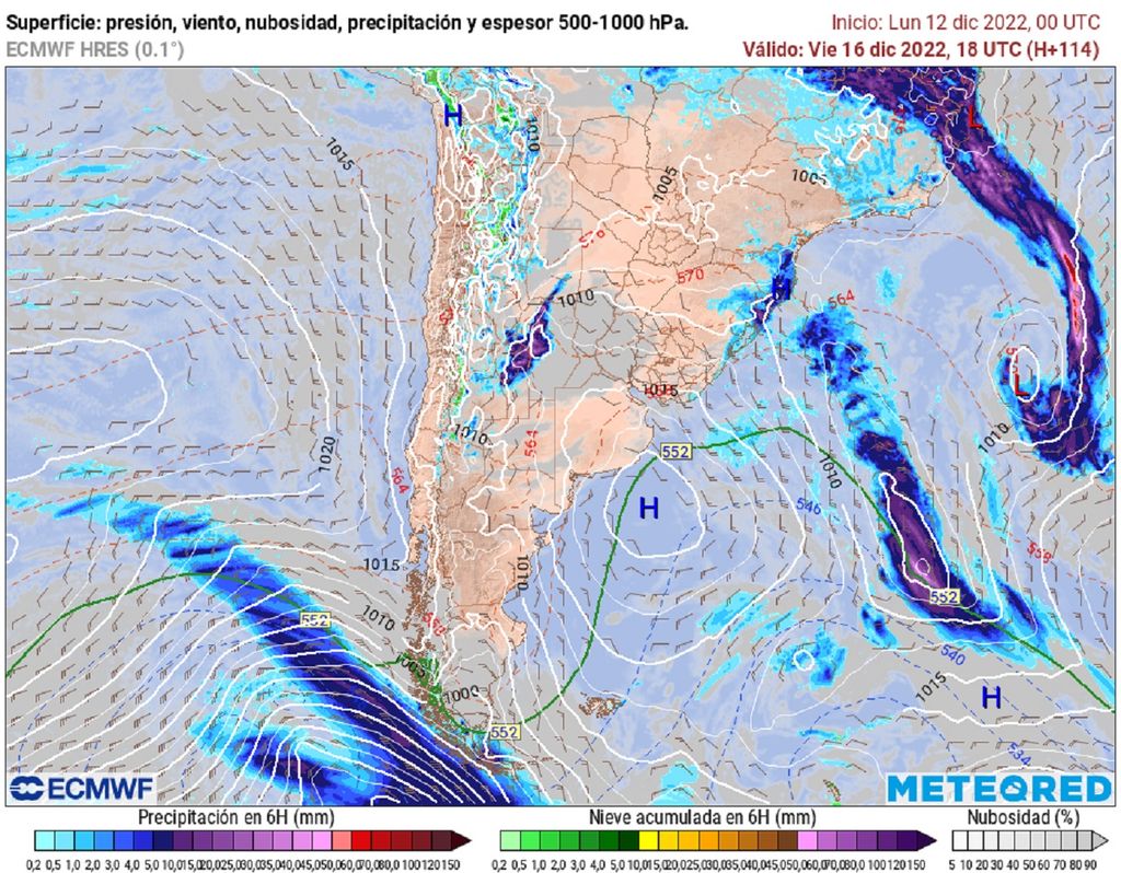 Presión y precipitación prevista; modelo ECMWF Presión y precipitación prevista; modelo ECMWF
