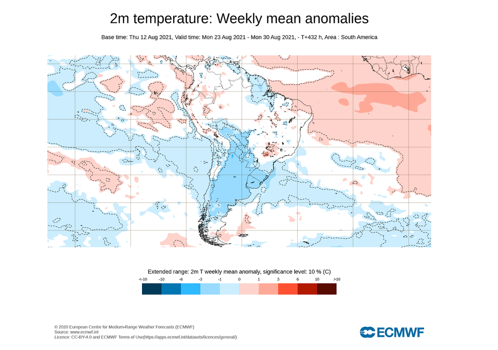 2 m de temperatura: anomalías medias semanales