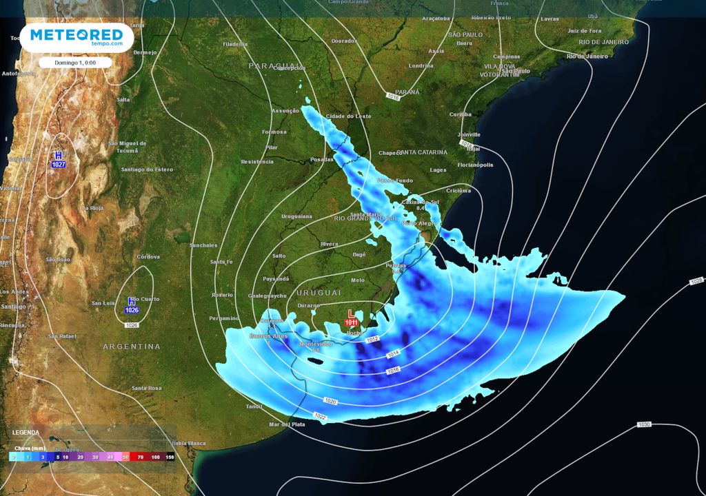 Previsão de pressão atmosférica e chuva no domingo de madrugada.