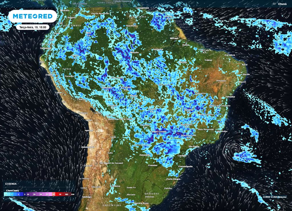 Previsão de precipitação para a tarde de terça-feira (15), segundo o modelo ECMWF. Previsão de precipitação para a tarde de terça-feira (15), segundo o modelo ECMWF.