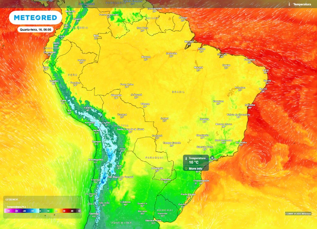 Temperatura mínima prevista para a manhã de quarta-feira (16), segundo o modelo ECMWF. Temperatura mínima prevista para a manhã de quarta-feira (16), segundo o modelo ECMWF.