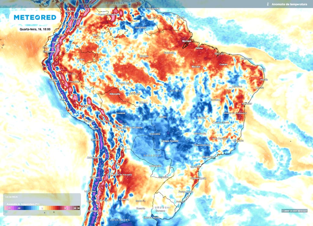 Anomalia de temperatura horária para a tarde de quarta-feira (16). Anomalia de temperatura horária para a tarde de quarta-feira (16).