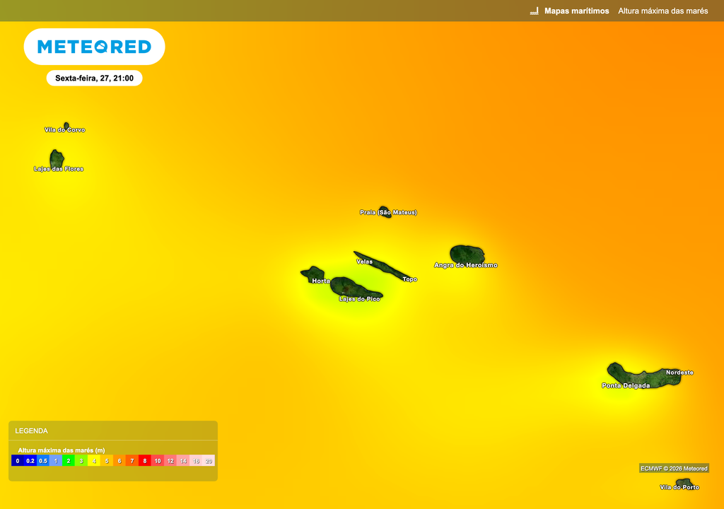 A intensificação da circulação de oeste ao longo da semana traduz-se num aumento da agitação marítima, com ondulação a tornar-se mais energética a partir de meados da semana. Nas fases mais ativas, as ondas poderão atingir cerca de 4 a 6 metros, sobretudo nas ilhas mais expostas, refletindo o impacto direto da passagem de sistemas frontais no Atlântico.