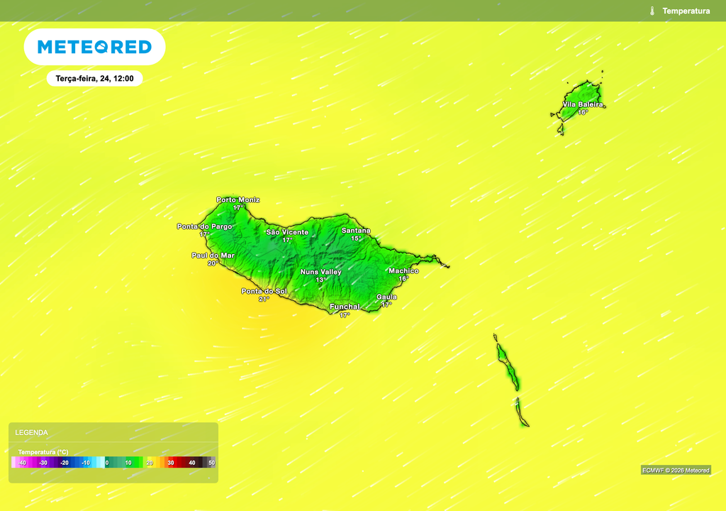 O início da semana caracteriza-se por temperaturas amenas e estáveis, com valores confortáveis e pouca variação ao longo do território. A influência marítima mantém o ambiente suave, sem contrastes térmicos relevantes, proporcionando uma sensação térmica agradável nas horas centrais do dia.