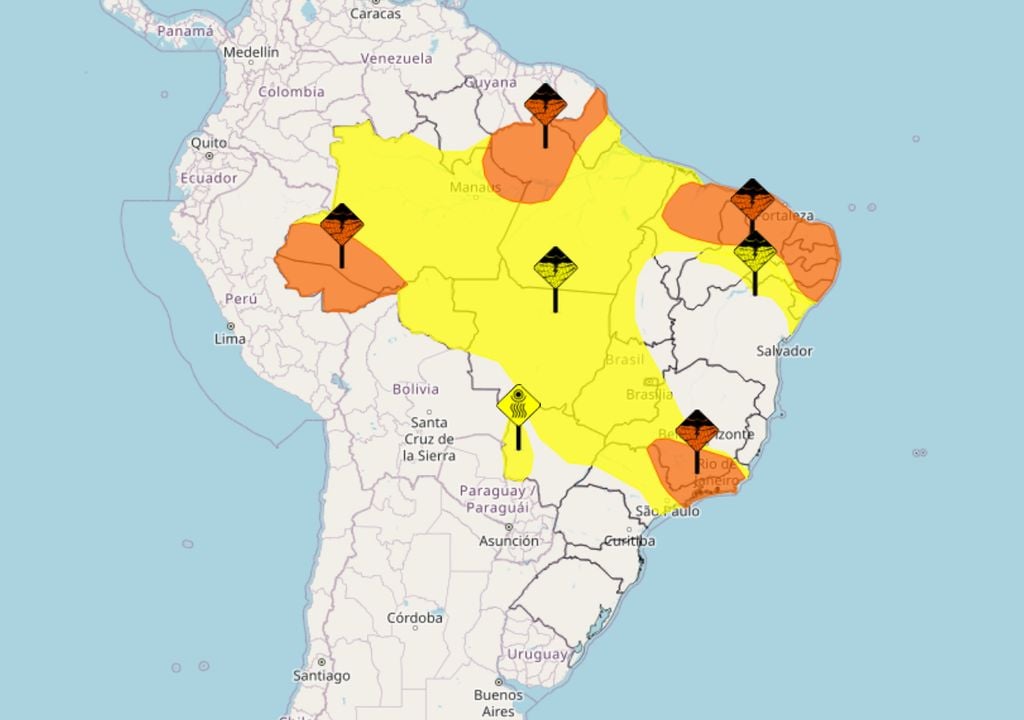 Mapa de alertas emitidos pelo INMET nesta segunda-feira ilustra regiões que serão mais afetadas pelas chuvas ao longo do dia, com destaques no Sudeste, Norte e Nordeste do país.