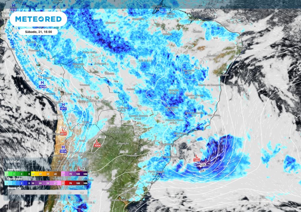 Previsão de pressão, ventos, nebulosidade e chuva no sábado durante a tarde mostra um ciclone com centro na altura da região Sul, impulsionando a formação de chuvas sobre o Brasil.
