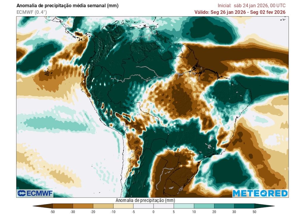 Previsão de anomalias de precipitação entre os dias 26 de Janeiro e 2 de Fevereiro (ECMWF).