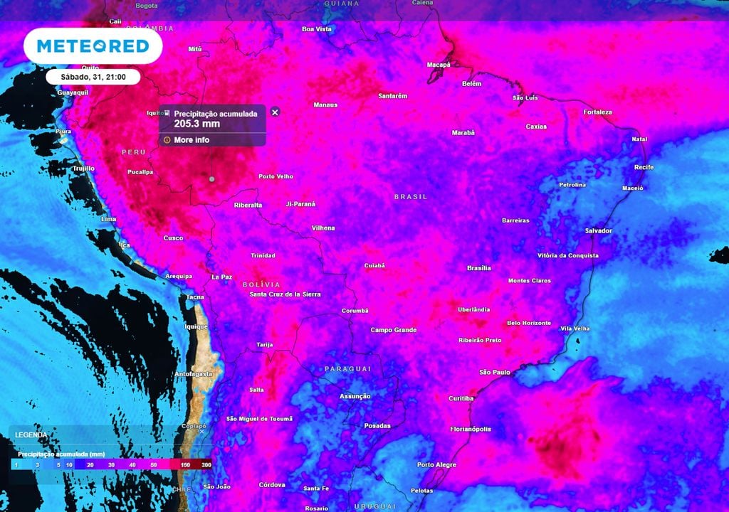 Previsão de acumulados de chuva totais até o final do sábado mostram que haverá chuvas em praticamente todo o país, e em alguns estados os volumes podem ultrapassar 200 mm.