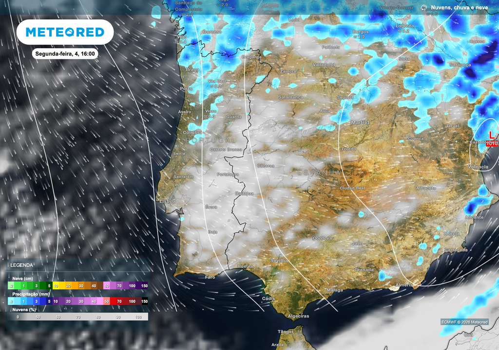 Nebulosidade abundante sobre Portugal continental na tarde de segunda-feira, com ocorrência de aguaceiros fracos e dispersos, sobretudo no Norte e Centro. A circulação de oeste favorece o transporte de ar húmido do Atlântico, mantendo o céu geralmente encoberto e a precipitação pouco expressiva nesta fase.