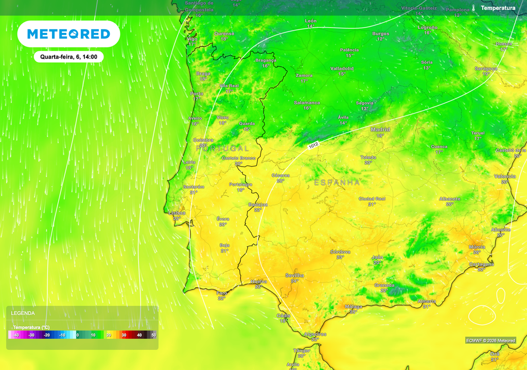 Temperaturas mais elevadas na tarde de quarta-feira, com valores a aproximarem-se dos 24 °C no interior e acima dos 20 °C em grande parte do território. O contraste entre litoral e interior mantém-se, refletindo a influência marítima e a circulação de oeste.