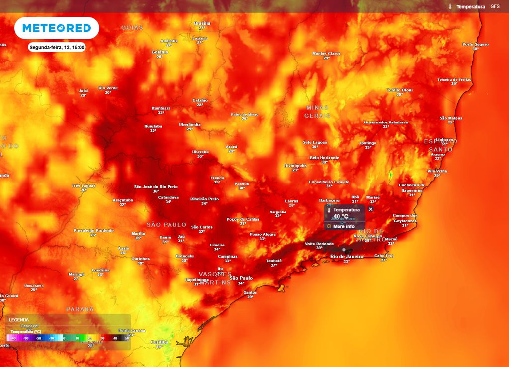 Temperaturas máximas para a segunda-feira, 12 de janeiro.