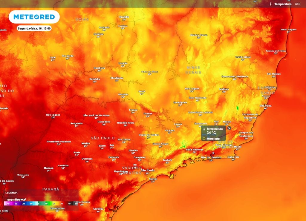 Temperaturas máximas previstas para segunda-feira, 16 de março.