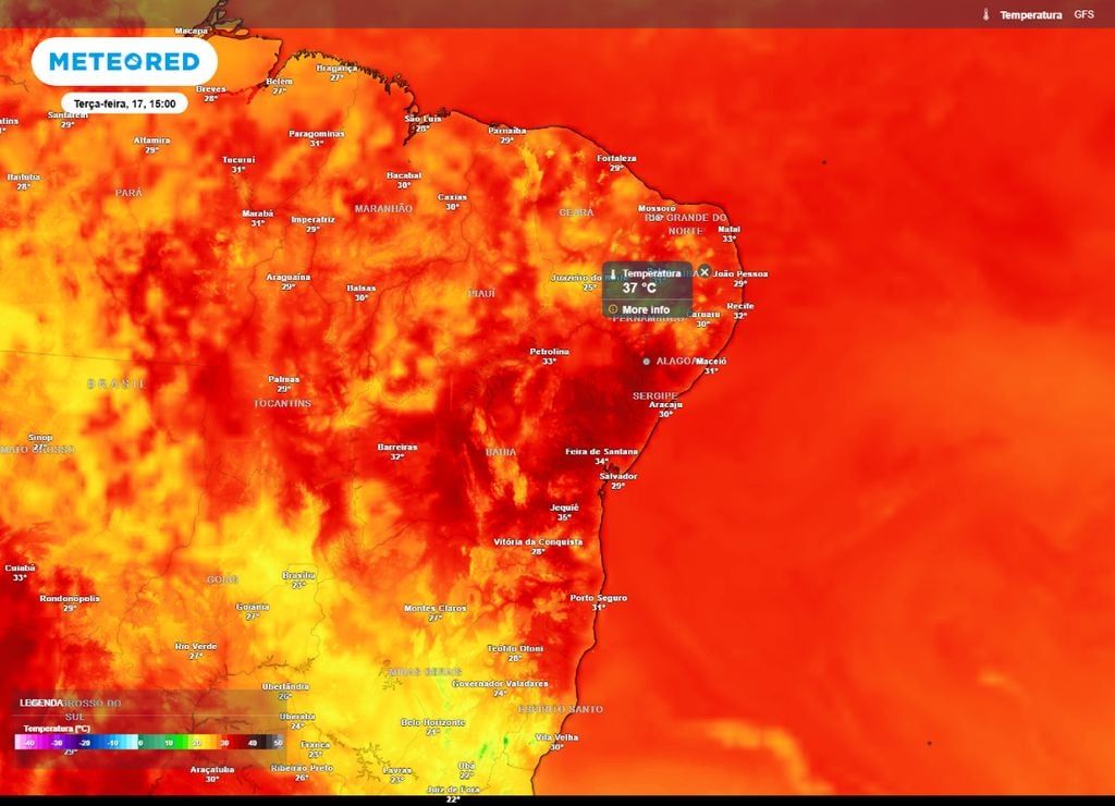 Temperatura máxima para a segunda-feira, 16 de março.