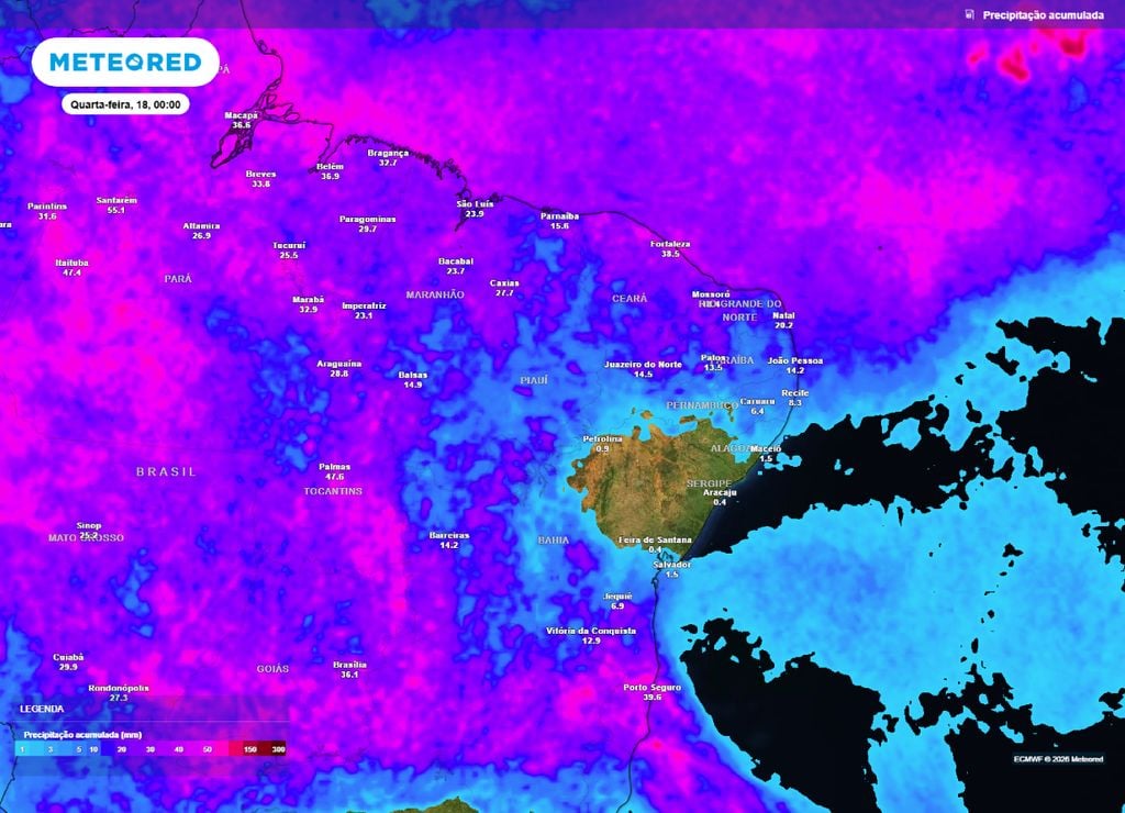 Acumulado da precipitação até a terça-feira, 17 de março.