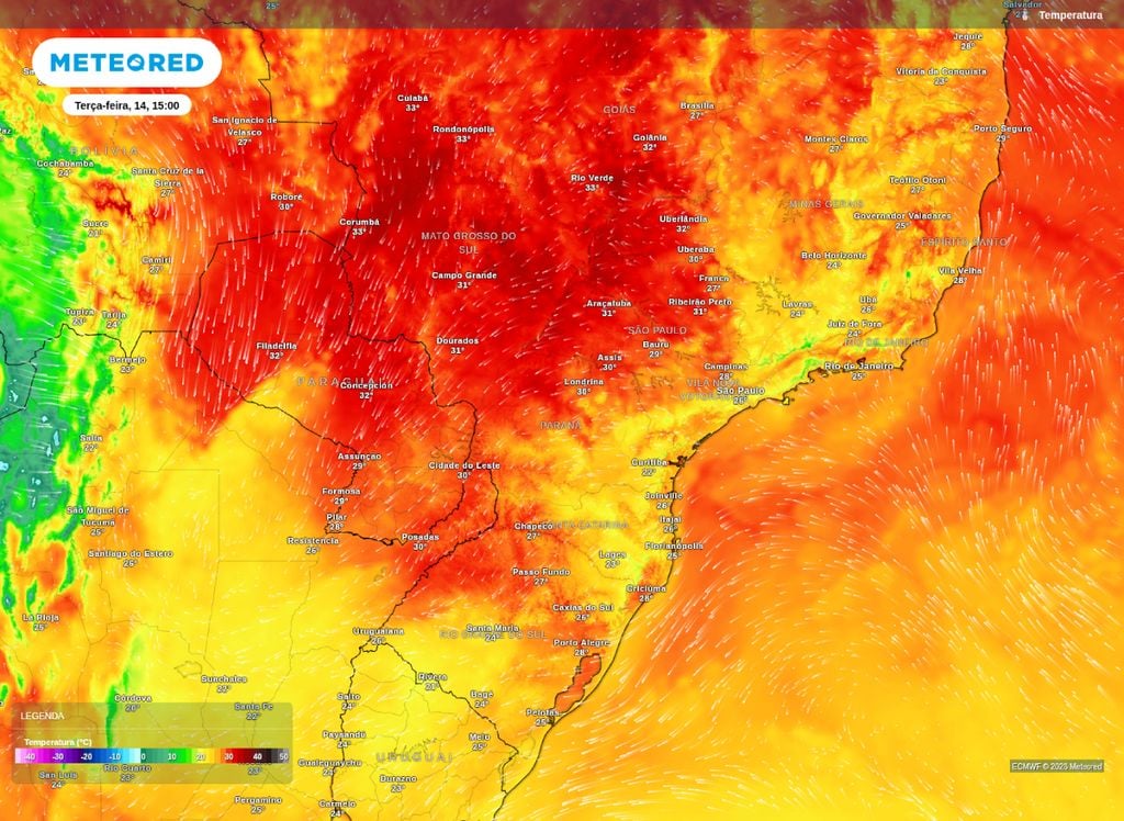Temperatura mínima prevista para a tarde desta terça-feira (14), de acordo com o modelo ECMWF.