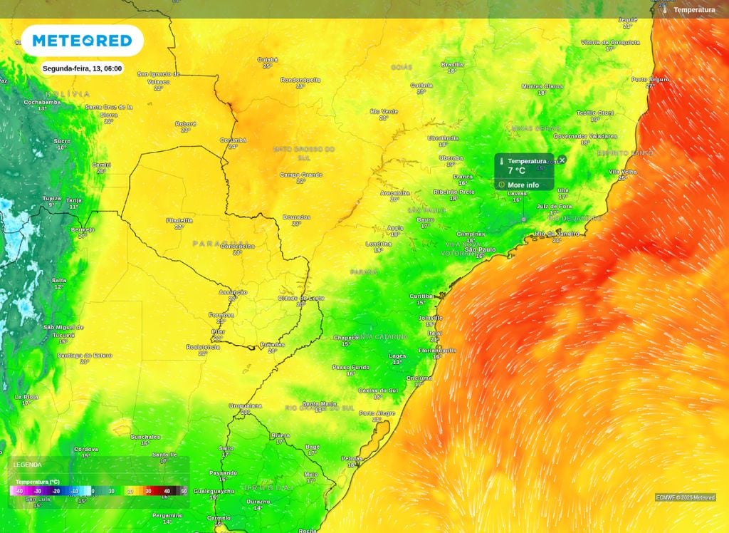 Temperatura mínima prevista para esta segunda-feira (13), segundo o modelo ECMWF.