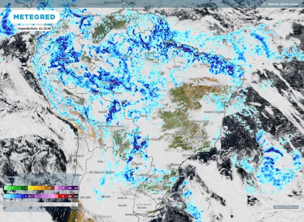 Mapa de chuva para a tarde desta segunda-feira (13). A previsão é de chuvas mais fortes na faixa litorânea entre o AP e RN.