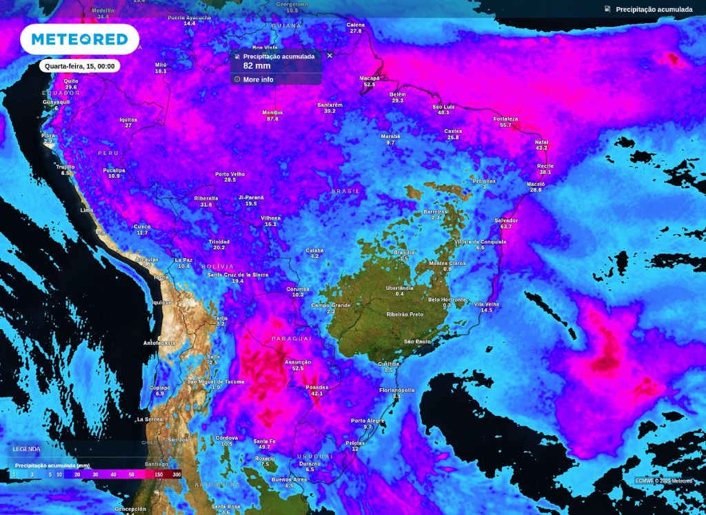 Precipitação acumulada até o final da noite de terça-feira (14).