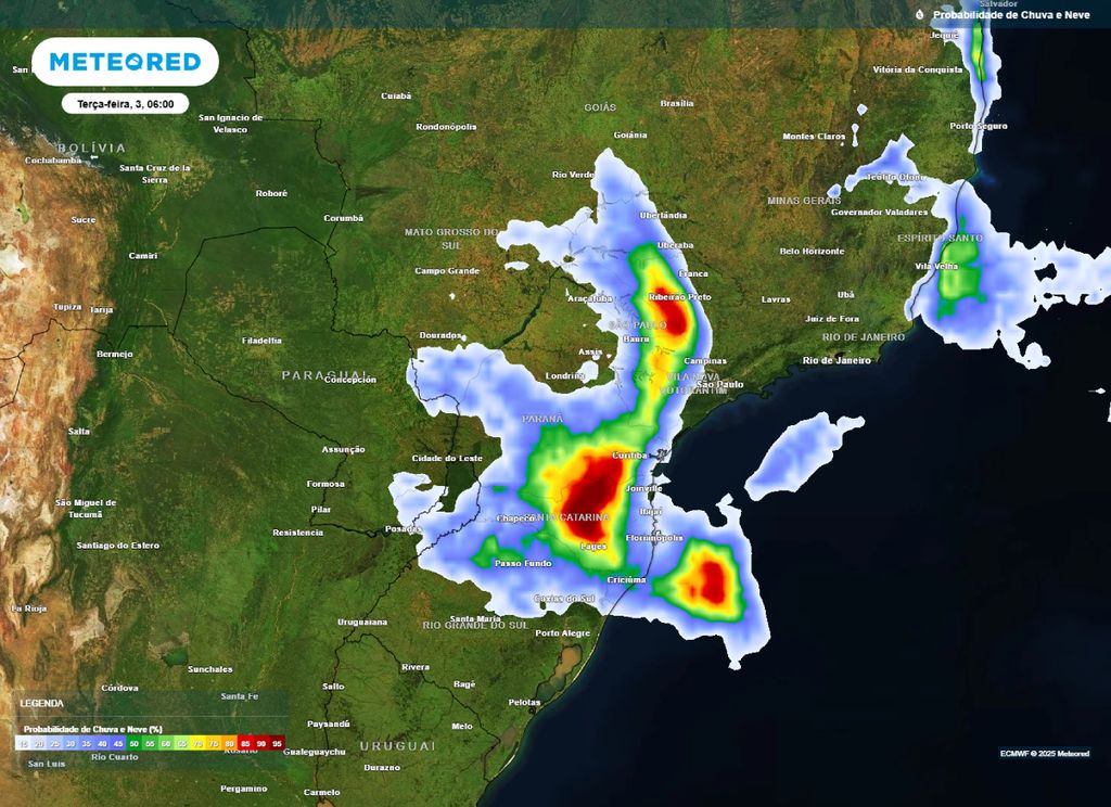 Mapa de probabilidade de precipitação para a manhã de terça-feira (03), segundo o modelo ECMWF.