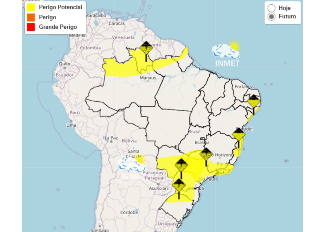 INMET emite alerta amarelo para possibilidade de tempestade sobre Sul, Sudeste e Centro-Oeste.