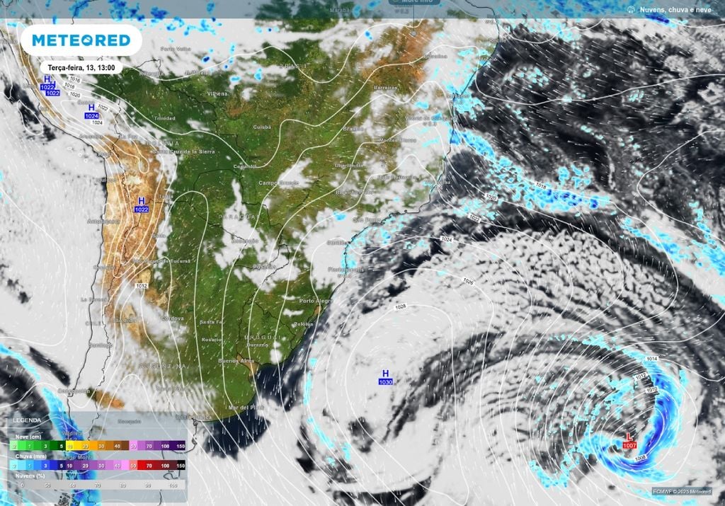 A atuação do sistema de alta pressão depois da passagem da frente fria transporta umidade do oceano em direção à faixa leste do Sul e Sudeste | Imagem: Meteored/Reprodução