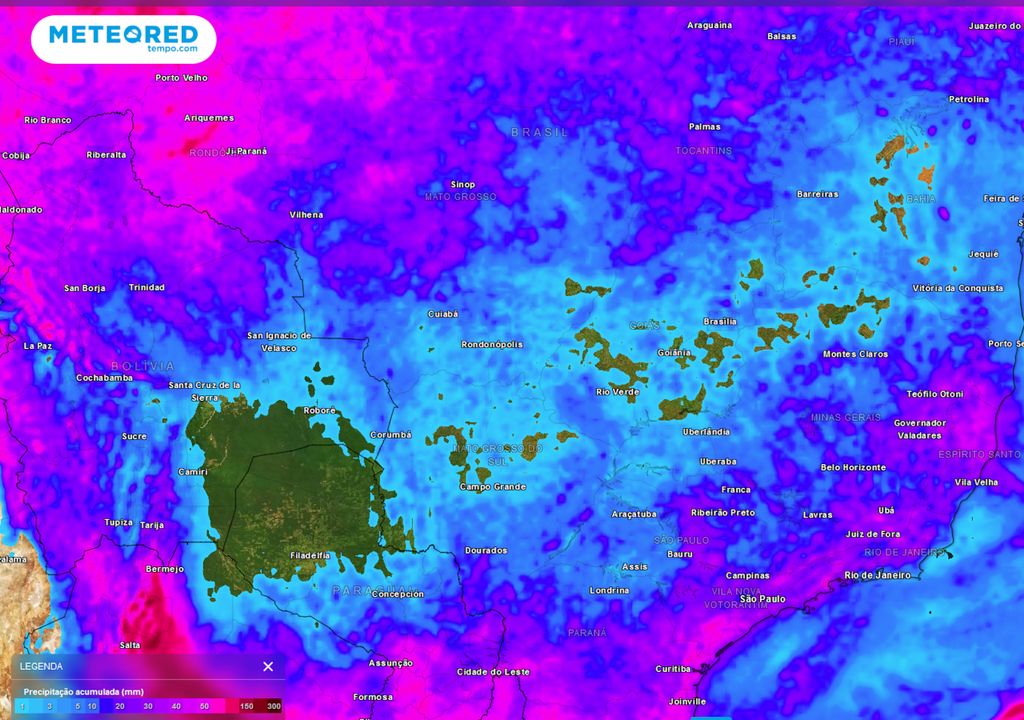 Mapa de chuva acumulada total prevista até sexta-feira (01)