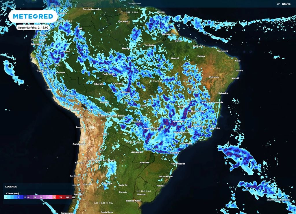 Previsão de chuvas para a tarde da segunda-feira, 2 de fevereiro.