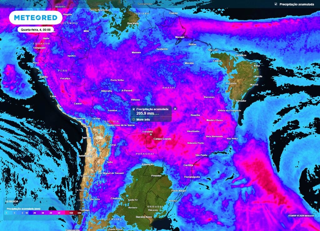 Acumulado de chuvas até a terça-feira, 3 de fevereiro, traz potencial de até 200 mm.