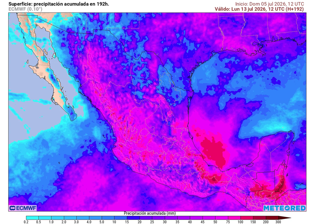 Pronóstico de precipitaciones acumuladas en milímetros La semana mostrará mayor cantidad y extensión de lluvias con acumulados mayores a 150 mm en la franja centro-sur, resaltando el Golfo de México con más de 250 mm.