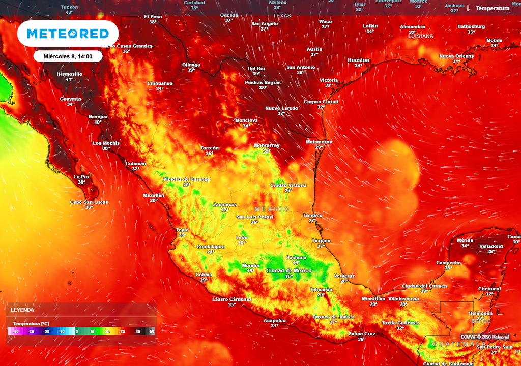 Pronóstico de temperaturas en grados Celsius Se estiman de 35-45 °C en estados del norte y costeros, continuando más fresco el Altiplano con 15-25 °C. Es probable a fin de semana, se refresque el norte y noreste por lluvias.