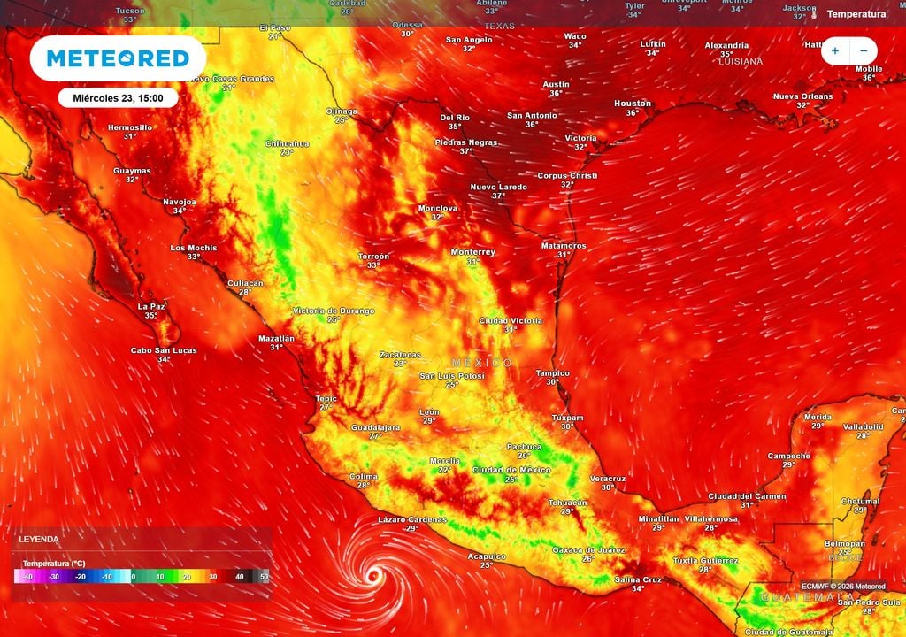 Pronóstico de temperaturas en grados Celsius Modulación de temperaturas se tendrá esta semana, aunque disminuye ligera su intensidad resaltando aún con 30-40 °C el norte, sureste y costas.