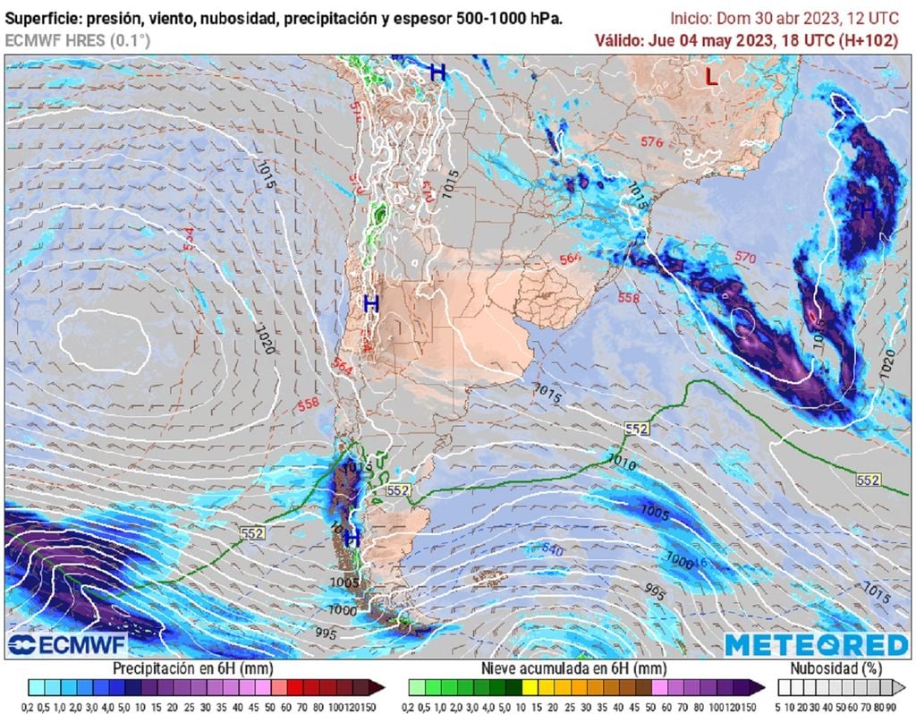 precipitación y presión previstas; modelo ECMWF precipitación y presión previstas; modelo ECMWF