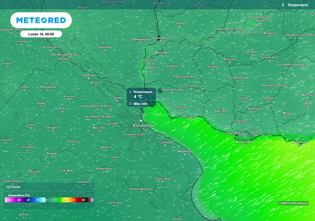 Temperaturas para el día lunes 18 de mayo a las 8 h, según el modelo ECMWF.