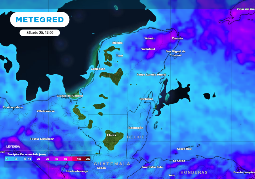 Pronóstico de lluvia acumulada para esta semana en la Península de Yucatán.