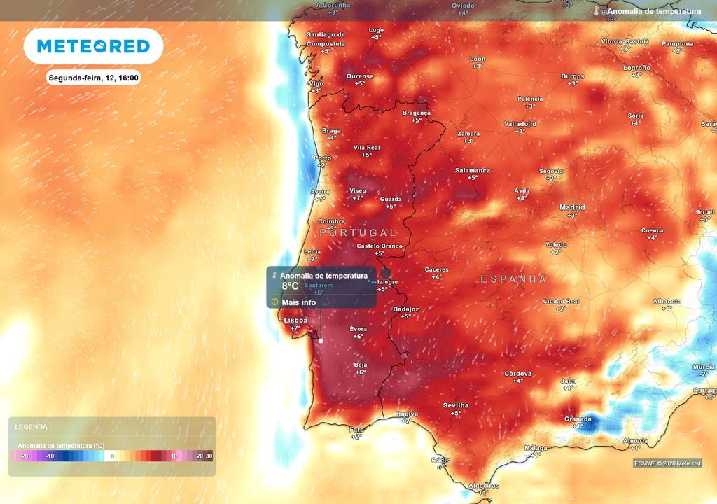 As temperaturas poderão ficar vários graus acima do normal na tarde de segunda-feira, com anomalias de 5 a 8 ºC em várias regiões, enquanto junto ao litoral os desvios serão bastante menores.