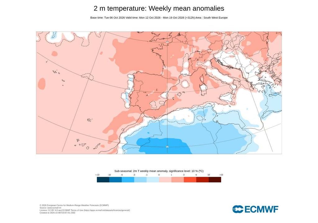 O sinal quente não deverá limitar-se ao início da semana: entre 12 e 19 de outubro, a temperatura média deverá permanecer acima do normal em praticamente todo o território continental.
