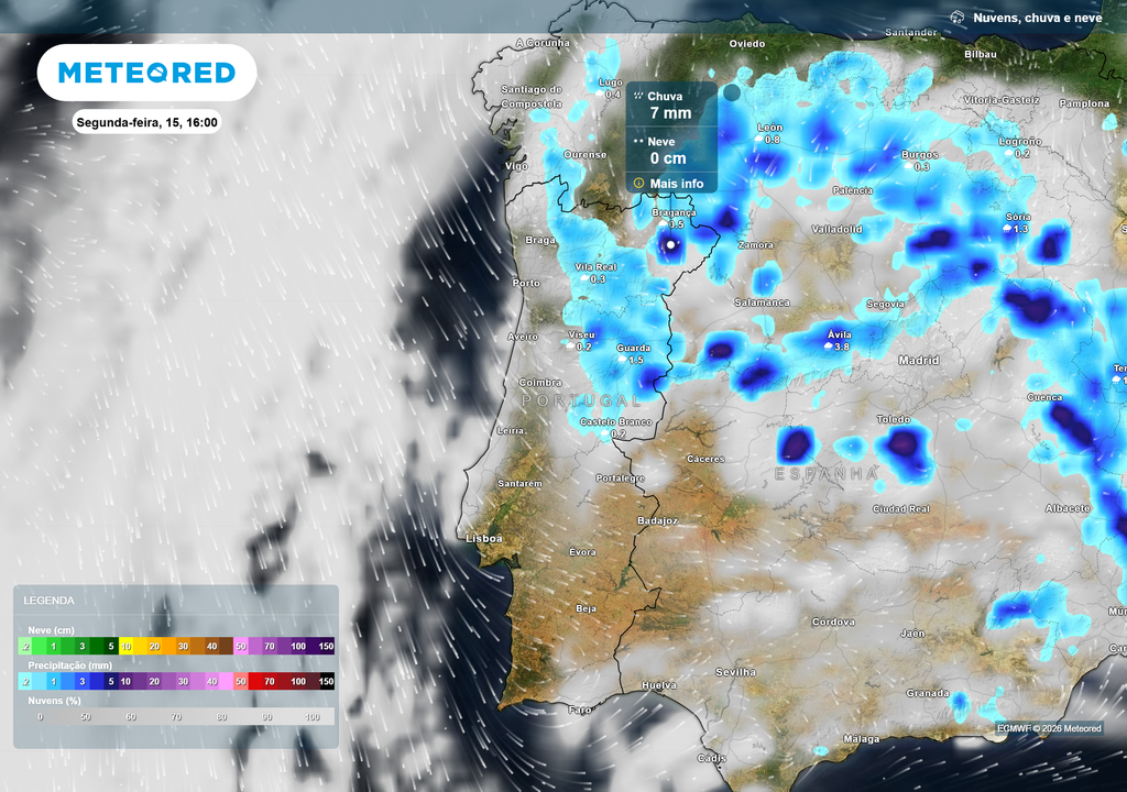 Chuva e núvens A segunda-feira será marcada por aguaceiros dispersos nas regiões Norte e Centro, especialmente no interior, onde localmente poderão ser moderados. O Sul do país deverá permanecer estável e com ambiente tipicamente seco.