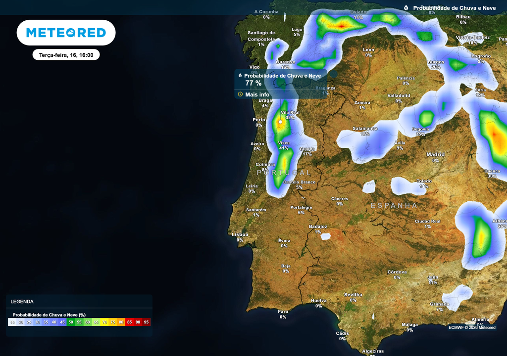 Probabilidade de chuva A instabilidade mantém-se na terça-feira, sobretudo no Norte e Centro, com possibilidade de aguaceiros e trovoadas localizadas. Apesar da chuva prevista, o fenómeno será irregular e típico da convecção de verão.