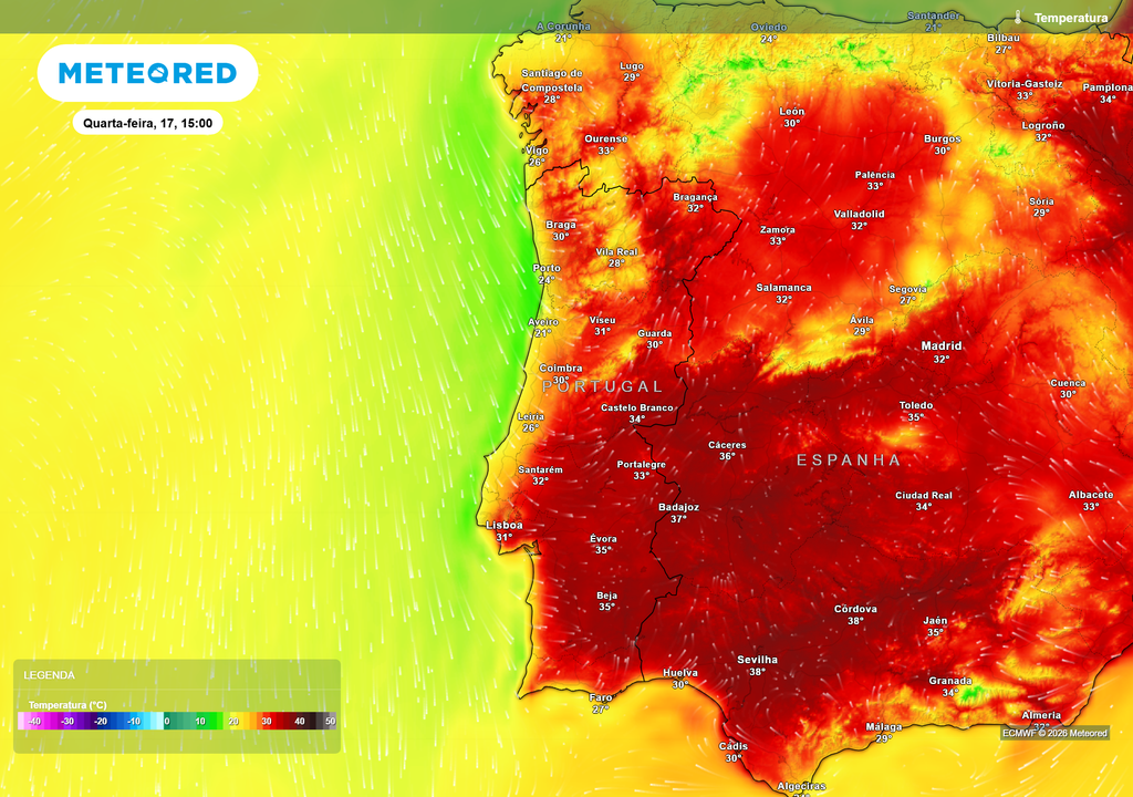 Temperatura As temperaturas continuarão elevadas durante a semana, com máximas acima dos 30 °C em grande parte do território. Apenas a faixa costeira entre Lisboa e Viana do Castelo beneficiará da influência atlântica, registando valores mais amenos.