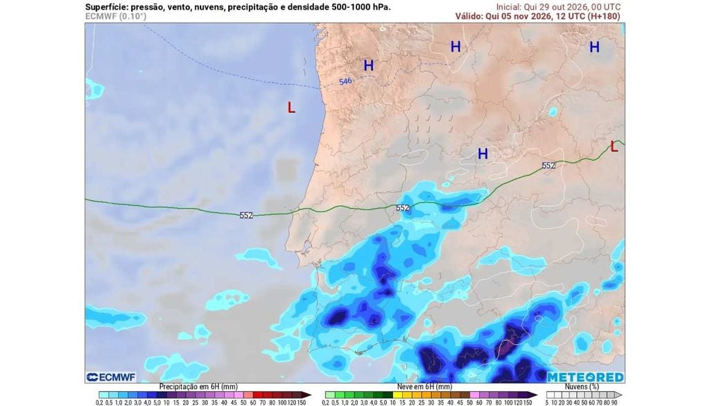 Precipitação dia 5 de novembro Os primeiros sinais de mudança poderão surgir na quinta-feira, com o ECMWF a projetar precipitação sobretudo no Sul. A localização e intensidade da chuva ainda poderão sofrer alterações nas próximas atualizações.
