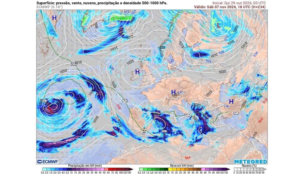 Situação sinótica Um robusto anticiclone nas proximidades das Ilhas Britânicas poderá obrigar as depressões atlânticas a circular por latitudes mais baixas. Uma delas surge a oeste/sudoeste da Península Ibérica, mas a sua trajetória permanece incerta.