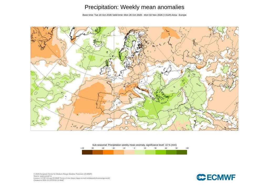 O ECMWF aponta para uma semana mais seca do que o habitual em Portugal, com um défice de precipitação relativamente à média climatológica para esta altura do ano.