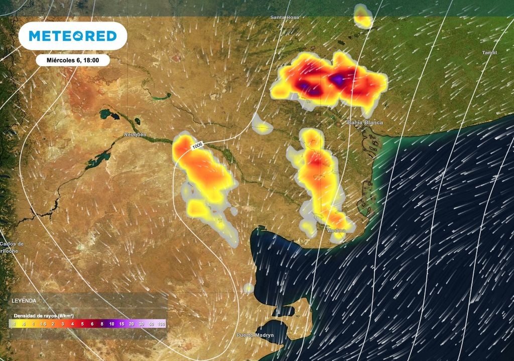 Algunas tormentas que se esperan para el miércoles 6 de mayo sobre el norte y noreste de la Patagonia podrán ser localmente intensas con marcada actividad eléctrica. Esta carta muestra la densidad de rayos para el miércoles por la tarde.