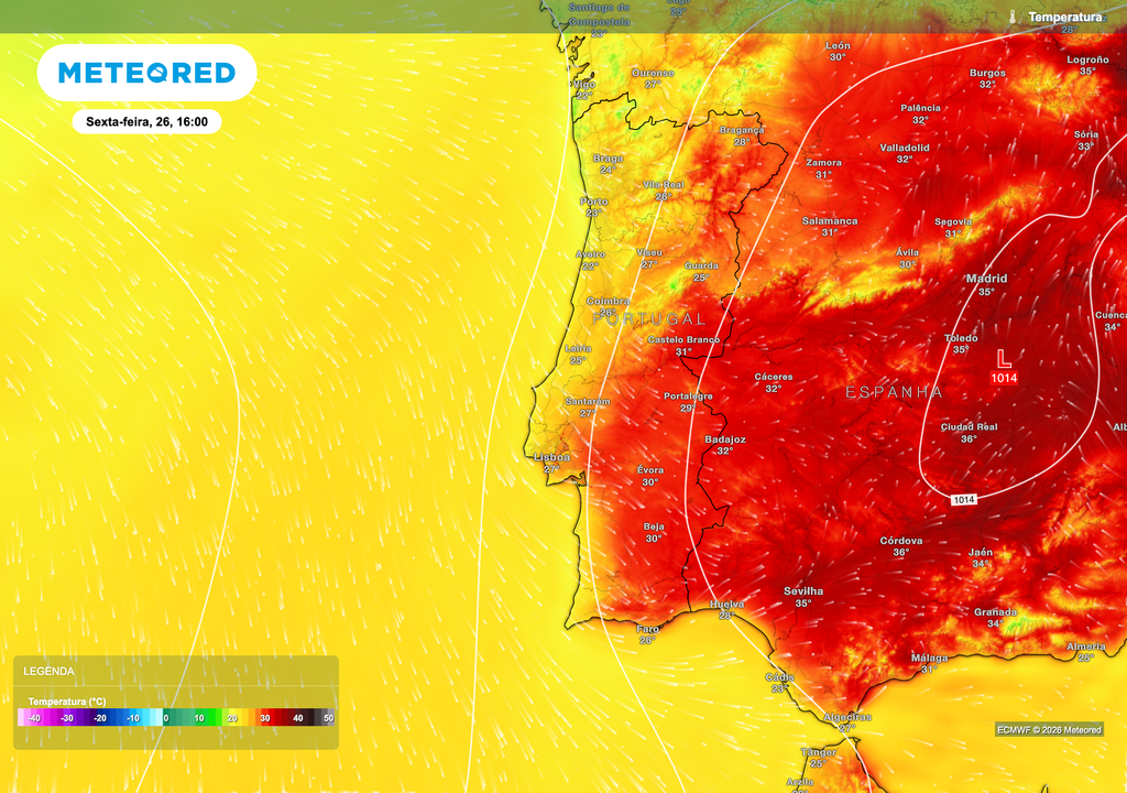 A massa de ar quente deverá manter-se sobre a Península Ibérica, ainda que com tendência para uma ligeira descida face aos dias anteriores. As temperaturas deverão permanecer elevadas, sobretudo no interior, onde o aquecimento será mais expressivo devido ao menor efeito de moderação marítima.