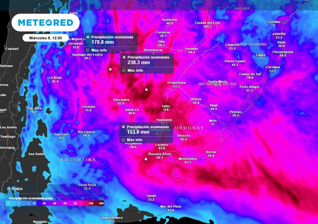 Mapa de precipitación acumulada hasta el mediodía del miércoles 8. Las zonas más complicadas por las lluvias estarán en las provincias de Entre Ríos, Santa Fe y Buenos Airestarde del martes 20 de enero: el norte del país con las mayores precipitaciones, y las provincias del NOA las más complicadas