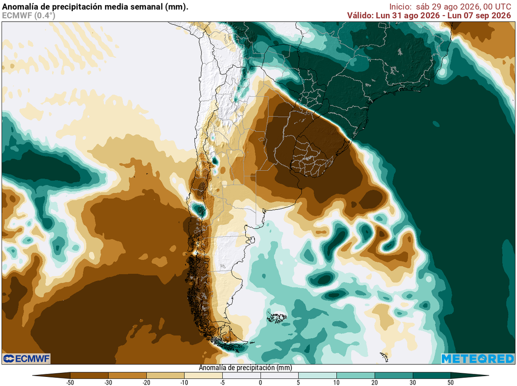 Sobre la zona central predominan los colores secos indicando una semana con precipitaciones bajo lo normal.