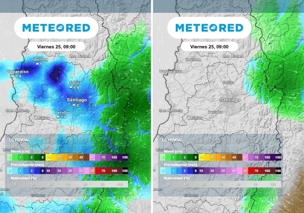 Diferancias entre modelos Diferencias entre modelos: mientras el ECMWF prevé lluvias en el valle metropolitano, el GFS norteamericano muestra precipitaciones únicamente en zonas cordilleranas.