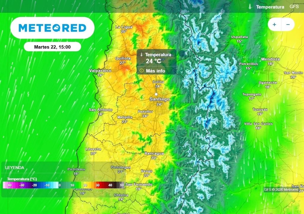 Temperaturas El día más cálido de la semana: este martes 22 la temperatura máxima en Quinta Normal podría alcanzar los 24 °C.